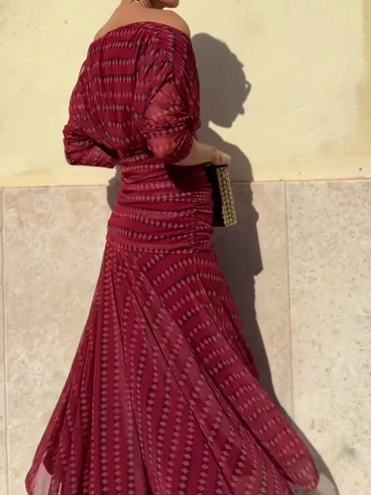 مثير عالية الخصر شبكة ألف خط فستان الصيف المطبوعة شال طوق الشيفون فستان جديد مثير قبالة الكتف بوهو سوينغ فستان طويل الشاطئ #3