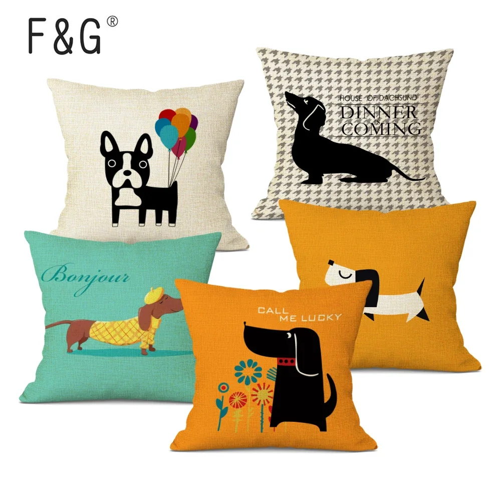 Cartoon Bull Terrier Dachshund Print Cushion Cover Cute Dog Decorative Throw Pillow Case for Home Sofa Bedroom Decor