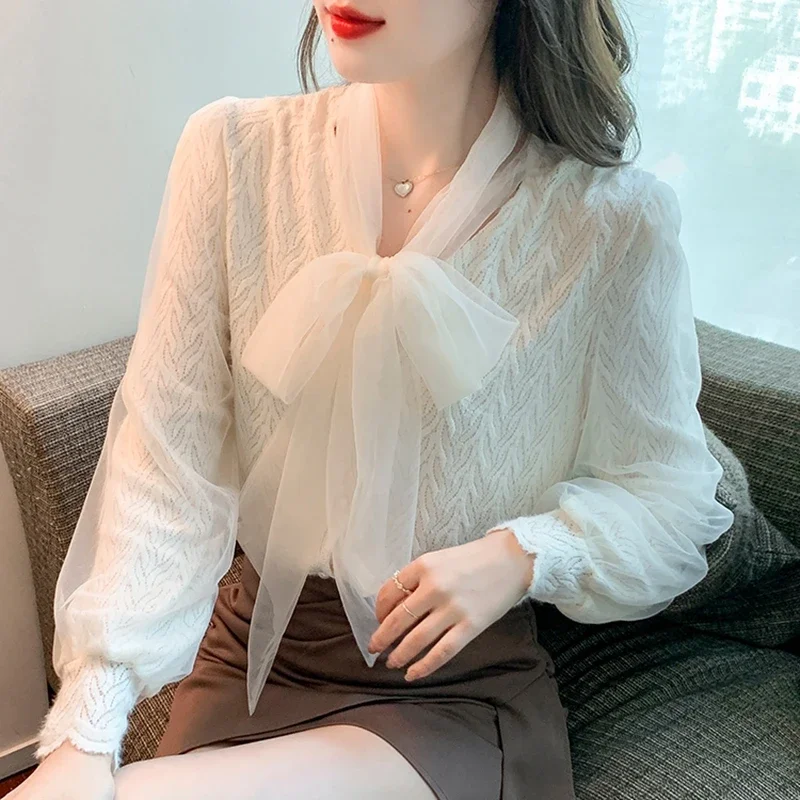 Autumn Winter Long Sleeve Blouses Women 2024 Korean Fashion Clothing Streetwear Blusas Mujer Elegant Bow Neck Lace Tops Shirts