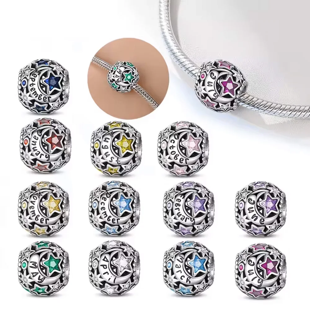 NEW S925 Sterling Silver 1-12 Months Brthday Love Series Zircon Bead Charm Fit Original DIY Bracelet Accessories Women Jewelry