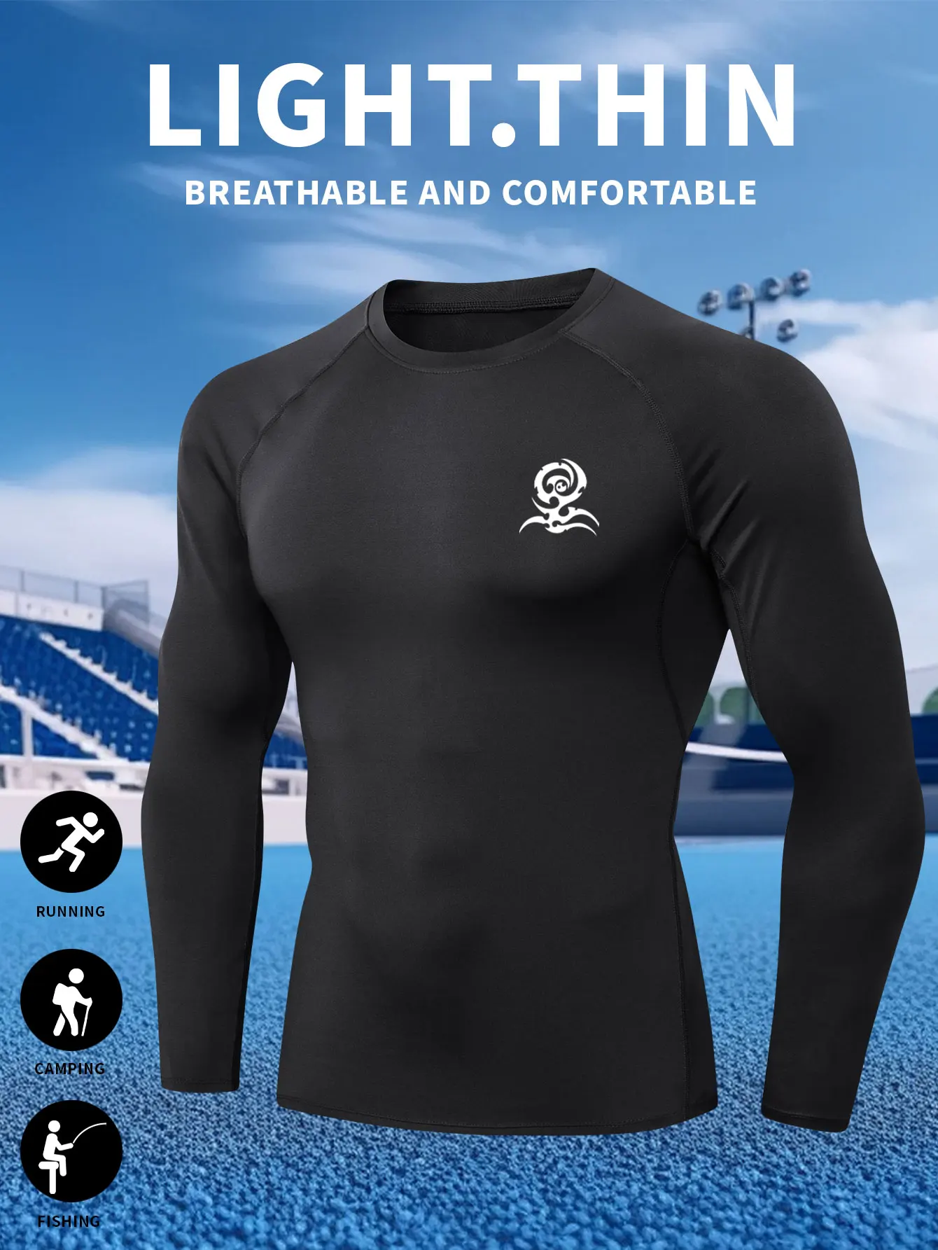 Bedrukt hardloopcompressie-T-shirt; Sneldrogende fitnesssportkleding voor heren; Ademende top met lange mouwen voor gymtraining