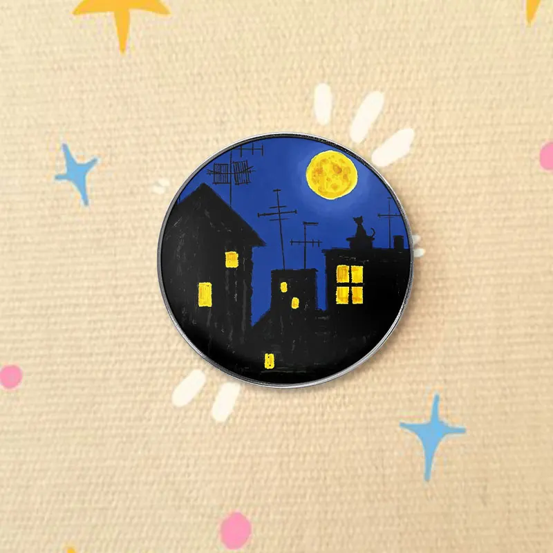 Moonlit Rooftop Black Cat UV Printing Pin Night Cityscape Silhouette Full Moon Antennas Badge Brooch Jewelry Gift For Friend