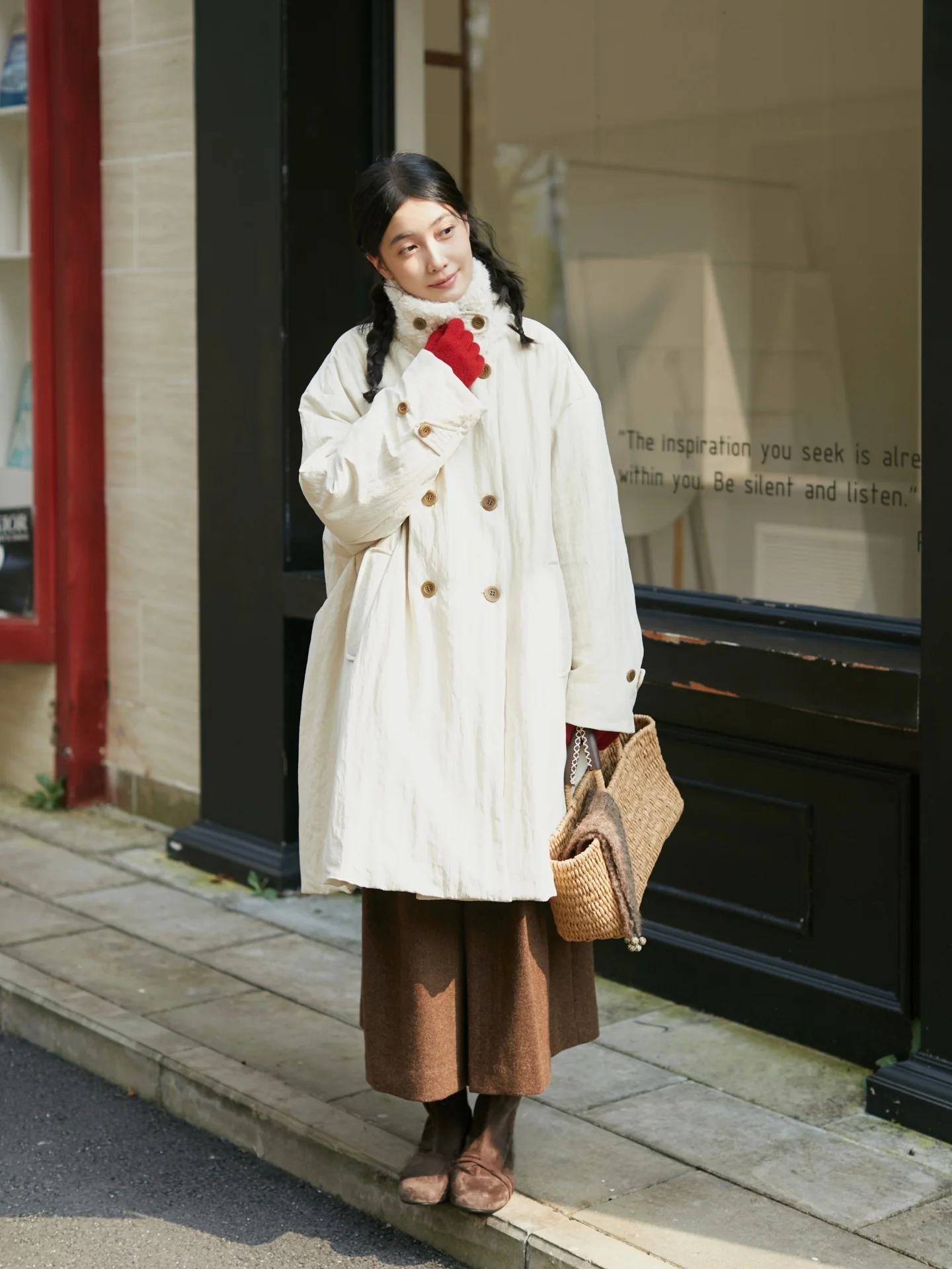 

Художественное пальто свободного кроя из хлопка с меховым воротником, средней длины, с вшитыми элементами из хлопка и нейлоновой ткани, зимнее, утепленное