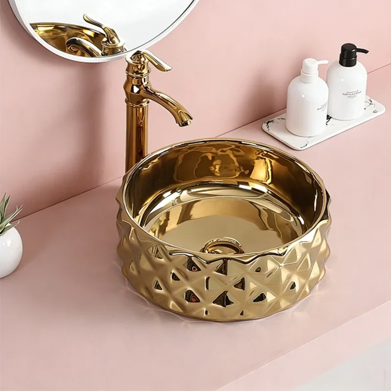 حوض غسيل سيراميك ذهبي أنيق، حوض غسيل سيراميك بتصميم دائري - مثالي لتركيبات الحمام الحديثة، مناسب لغرف الملابس والزينة والحمامات #2