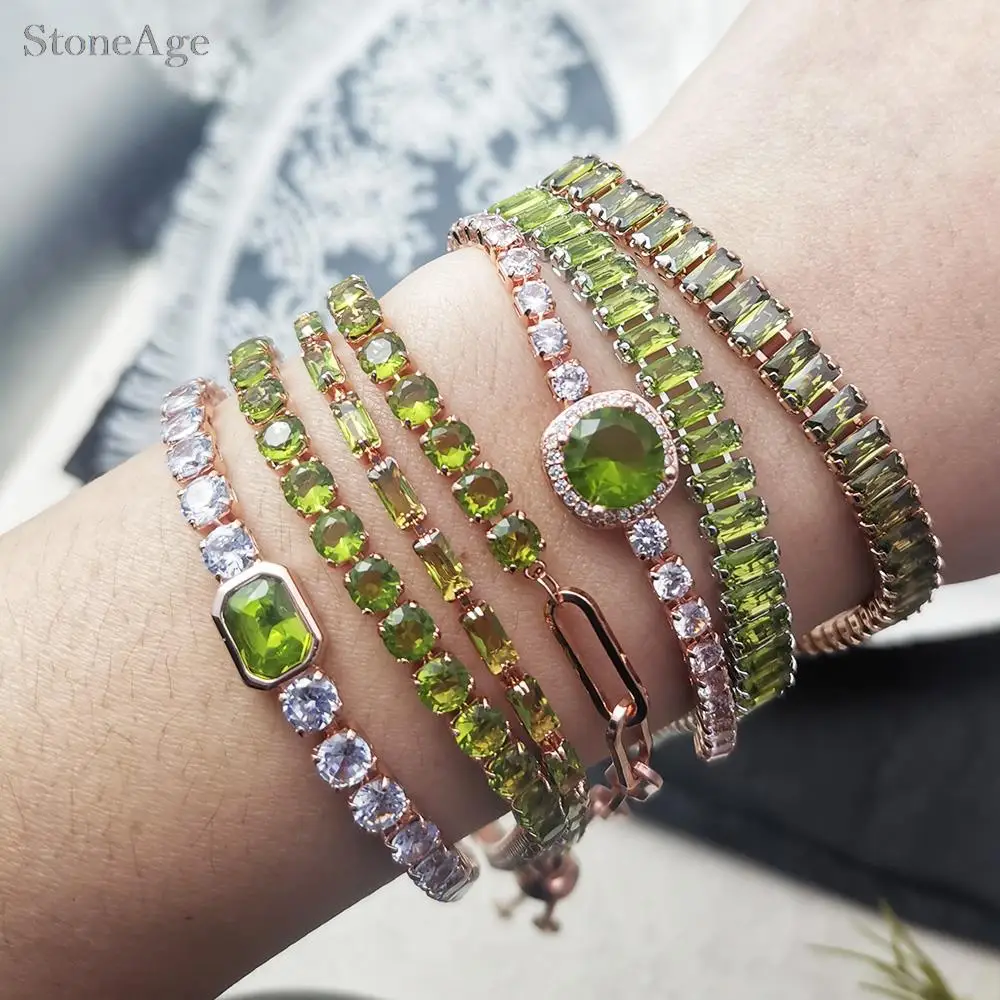 Adjustable Green Cubic Zirconia Tennis Bracelets Chain on Hand Various Shapes Crystal Short Bracelet for Women Men Trend Jewelry