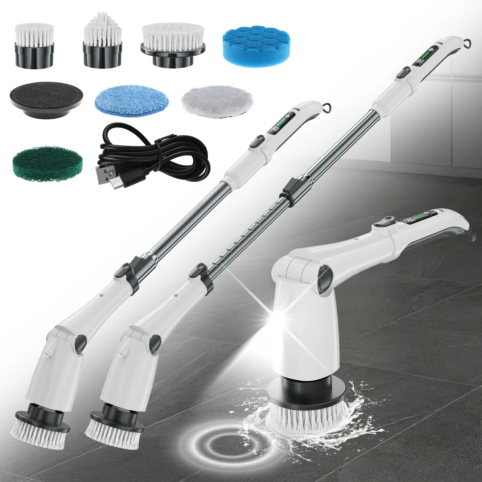 New Cordless Shower Cleaning Brush with 3 Speed Adjustable Extension Handle for Bathroom Floor Tile