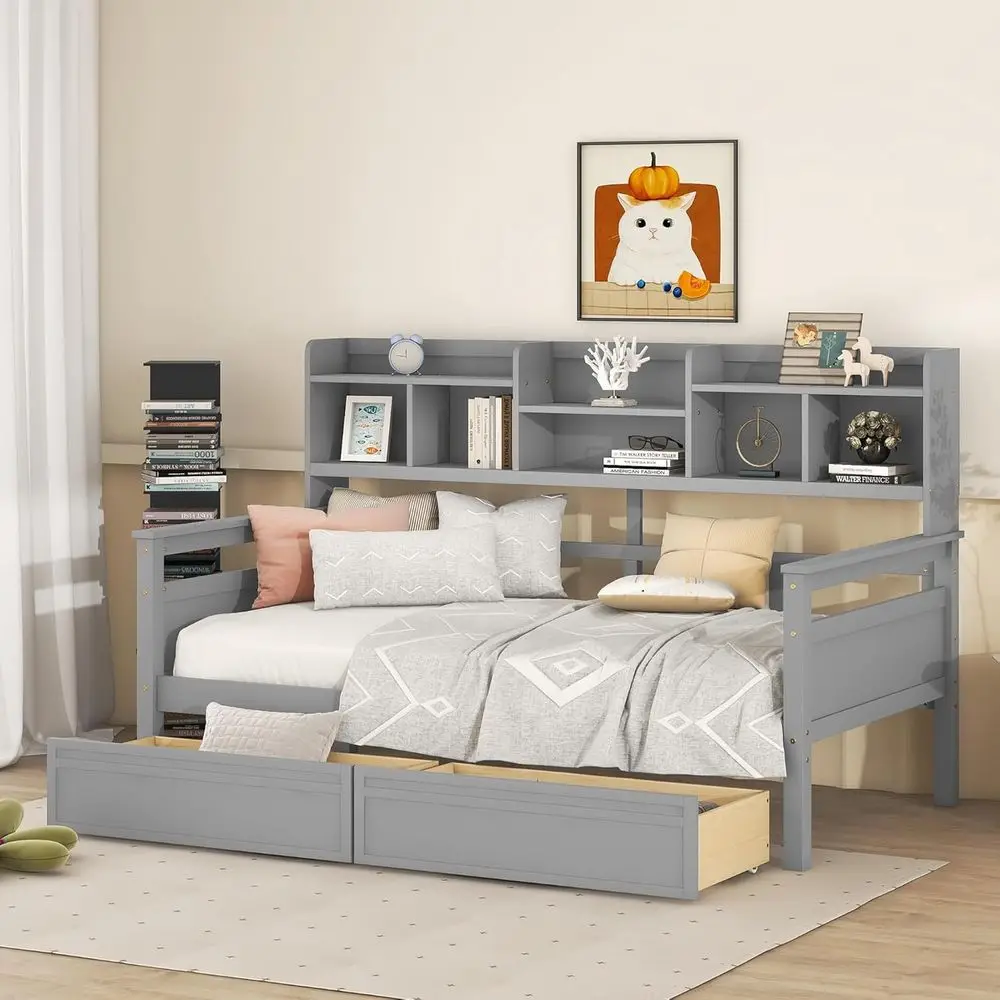 

Gray Daybed with Shelves and Two Drawers, Suitable for Kids' Rooms, No Box Spring Needed