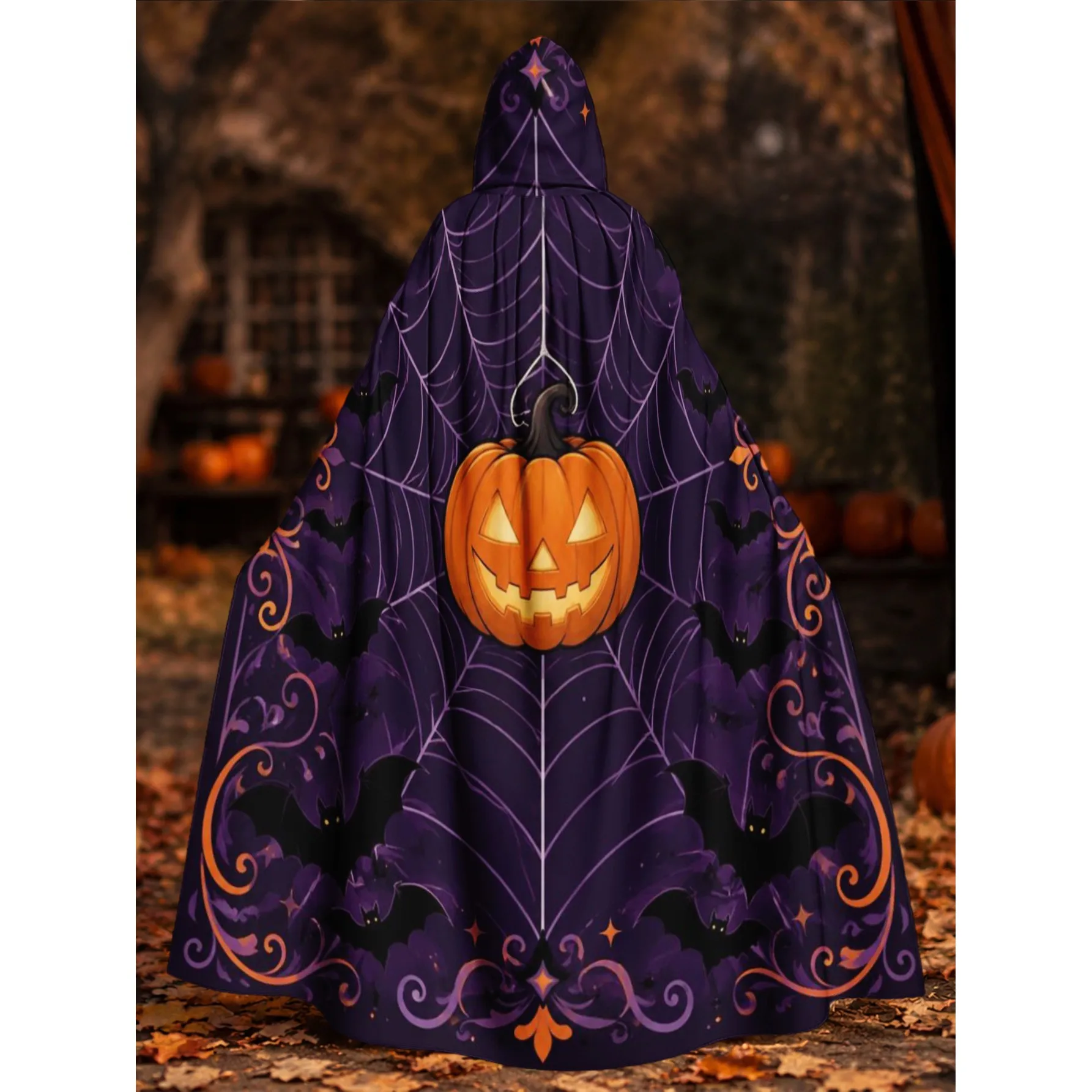 Halloween Bat Pumpkin Print Hooded Cloak Adult One Size Cosplay Cape for Themed Parties Masquerade