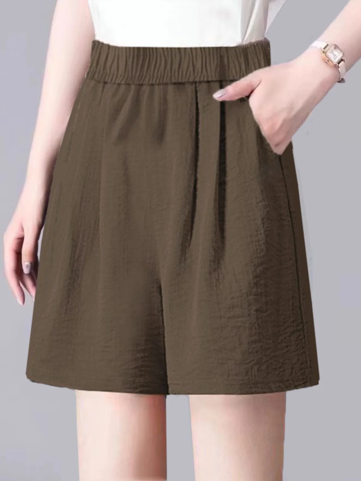 夏用アイスシルクプリーツリネン五分丈パンツ レディース ゆったりストレートレッグ カジュアルワイドレッグパンツ ハイウエスト着痩せ