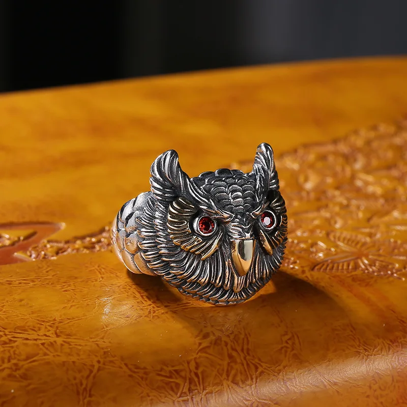 S925 sterling silver national trend ring men's distressed owl ring personalized domineering men's index finger ring