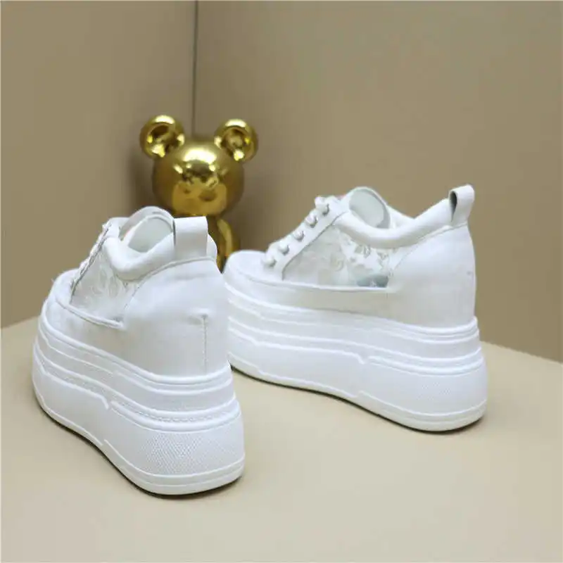 Sommer Damen 12 cm unsichtbare, höhenvergrößernde, dicke, geneigte Absätze, Freizeitschuhe aus Mesh-Gewebe