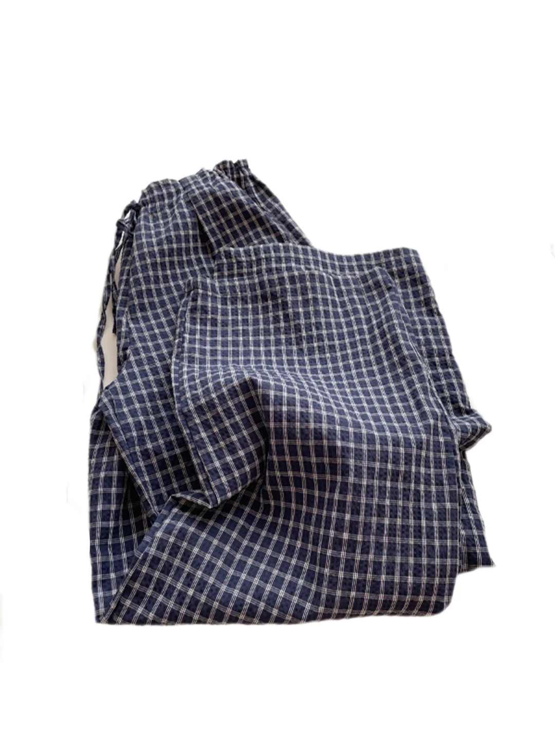 Senhoras xadrez calças de perna larga cintura alta corte reto solto calças casuais confortável dstring elástico emagrecimento calças compridas