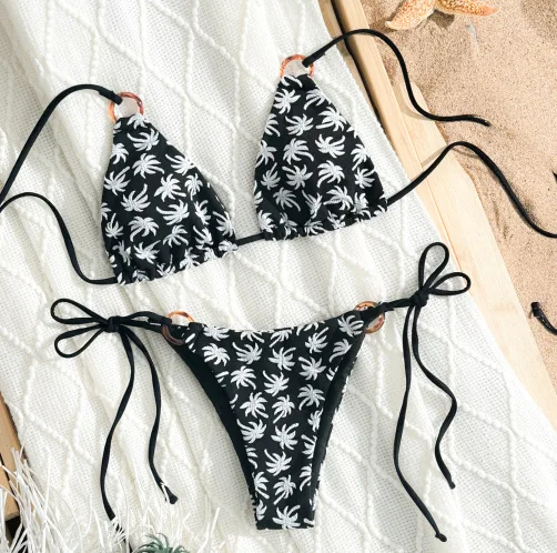 

2025 Новый европейский и американский разделенный купальник, женский сексуальный бикини на шнурке, женский купальник с принтом кленового листа