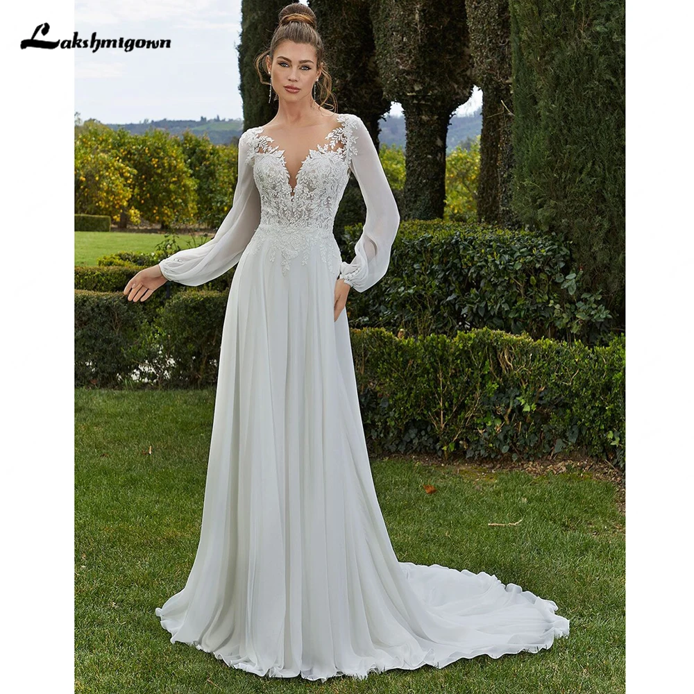 Lakshmigown Chiffon-Hochzeitskleider für die Braut, V-Ausschnitt, Plissee-Spitzenapplikationen, lange Ärmel, rückenfreies Robe De Soiree De Mariage – Detail 5