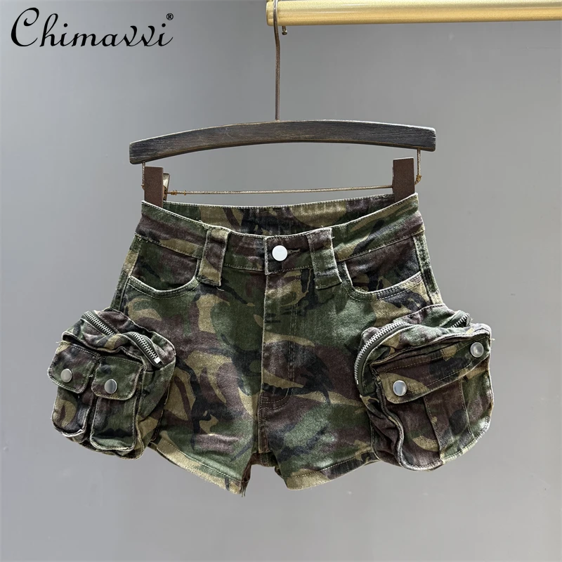 

Fashion Big Pocket Camouflage Tooling Denim Shorts Women's Summer New High Waist Versatile Slim-fit A Line Spice Girl Hot Pants