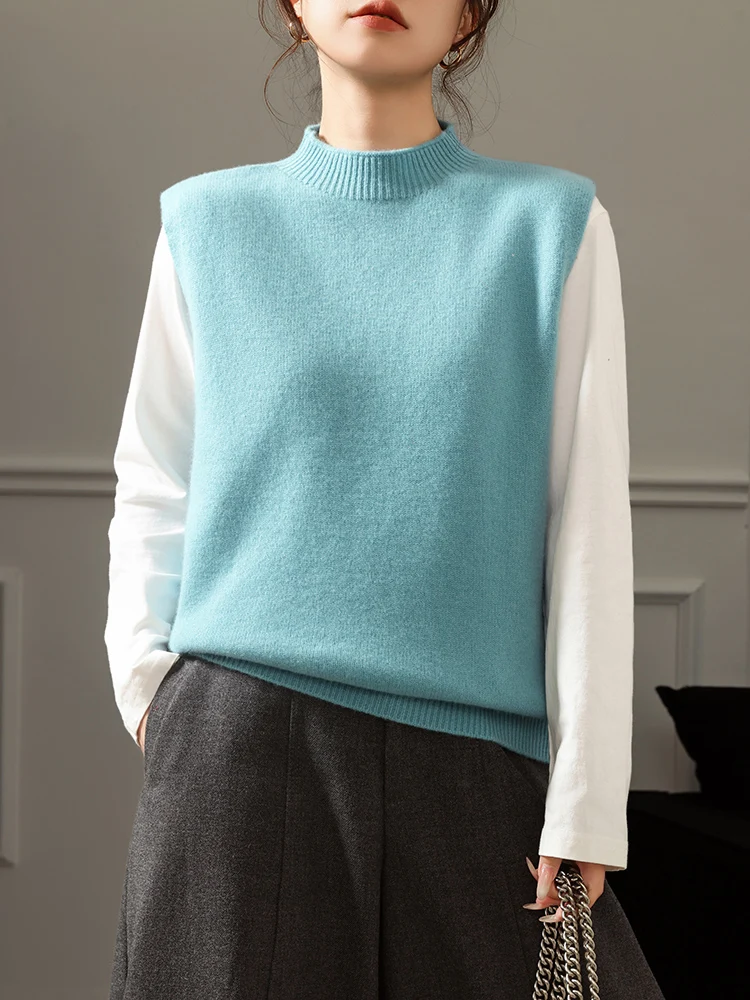

New Autumn Winter 100% Pure Pulllover Vest Women's Mock Neck Soild Sleeveless Basic Staple Cashmere Knitwear Waistcoat Soft