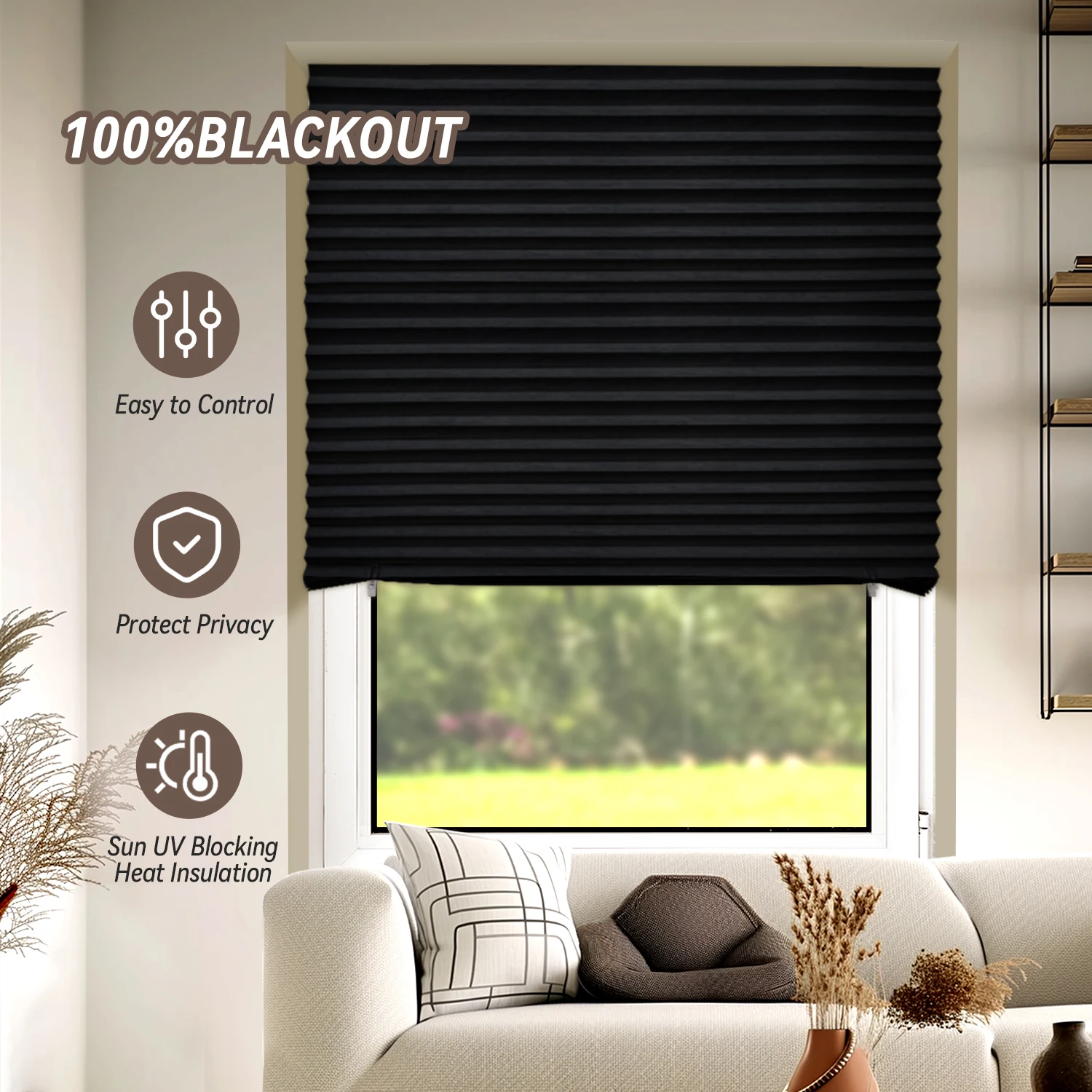 100% Blackout Simple Pleated Curtains, Cordless, Easy to Install, Light-Blocking and Heat-Insulating Home Decoration, Suitable for Various Windows