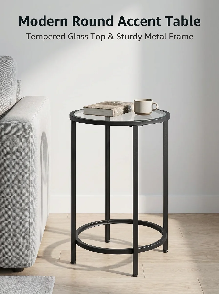 End Table, Round Glass Side Table with Gold Metal Frame and Tempered Top, Modern Accent Table for Living Room, Bedroom, Black