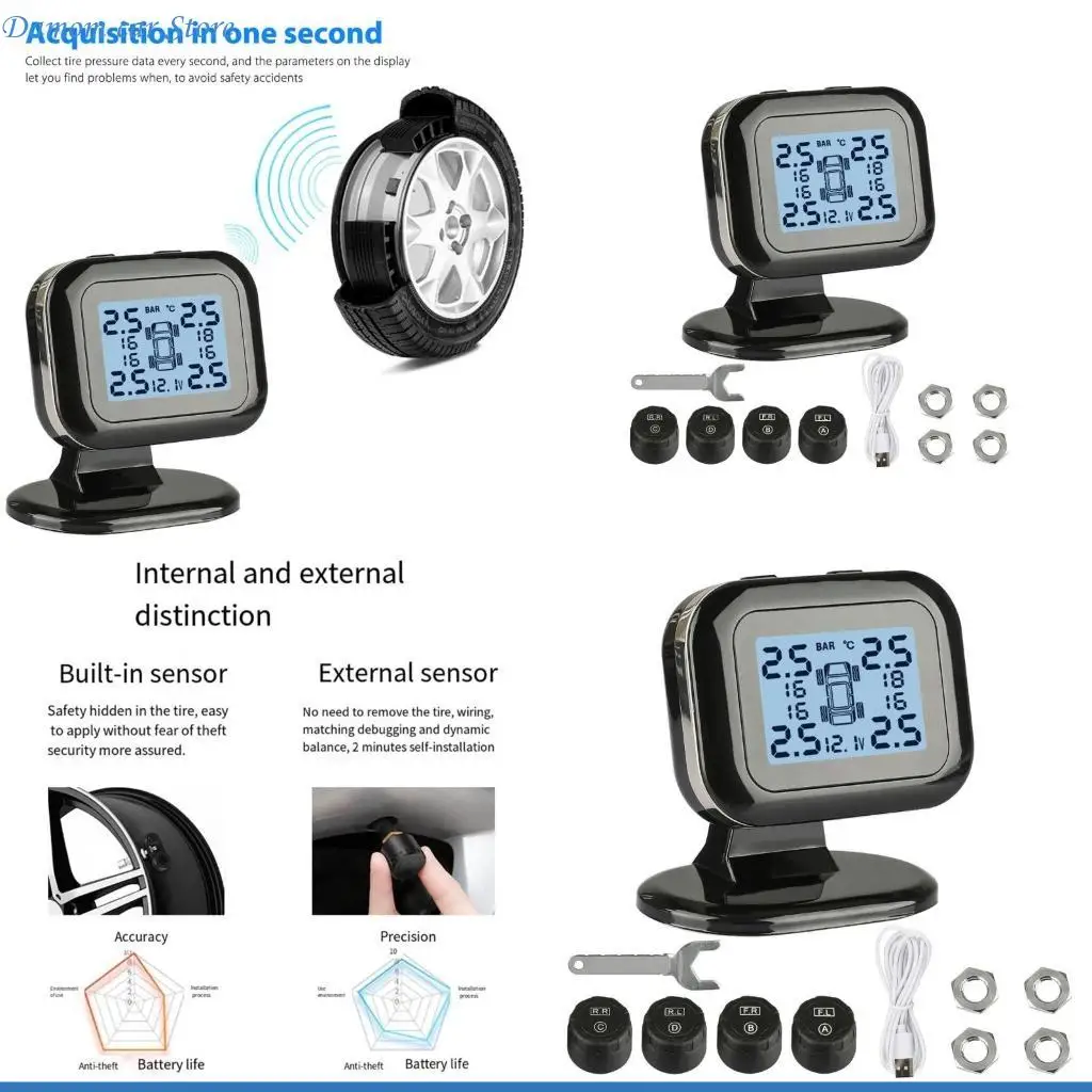 

A2UC Car TPMS Alarm Wireless Tire Pressure Monitoring System with 2 External Sensors