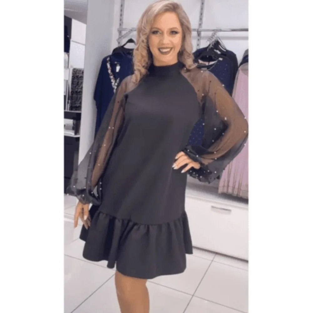 Casual collo alto aderente per abiti da donna nuova primavera autunno moda manica trasparente abito a maniche lunghe patchwork in pizzo foglia di loto