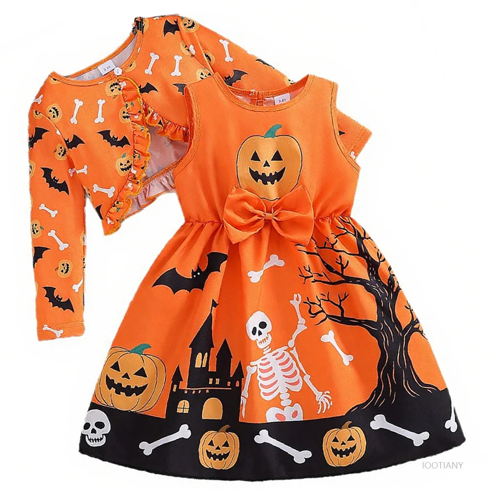 

Halloween Girl Cosplay Costume Pumpkin Dress Cardigan Jacket Two-piece Set Children Orange Bow Dress Autumn Winter Carnival Suit
