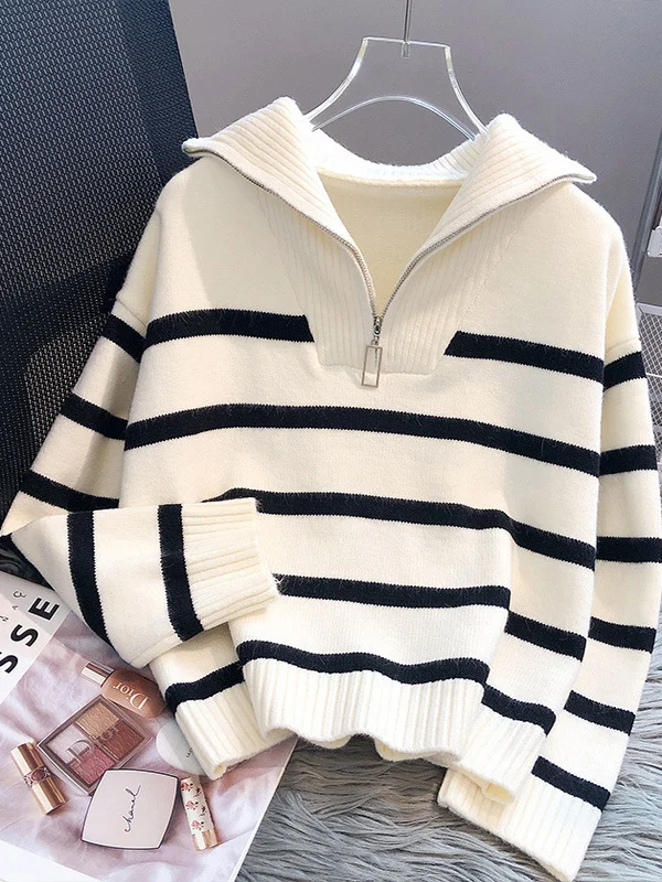 Bluzka damska z zamkiem błyskawicznym, w paski, wkładana przez głowę, codzienna, długa, wygodna, oddychająca, z włókna poliestrowego, modna bluzka.
