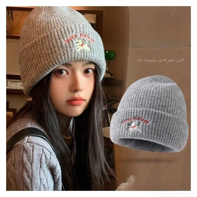 Winter Warme Gestrickte Wolle Hut Stickerei Welpen Gehörschutz Beanie Winddicht Thermische Anti-kälte Slouchy Outdoor Lauf Cap