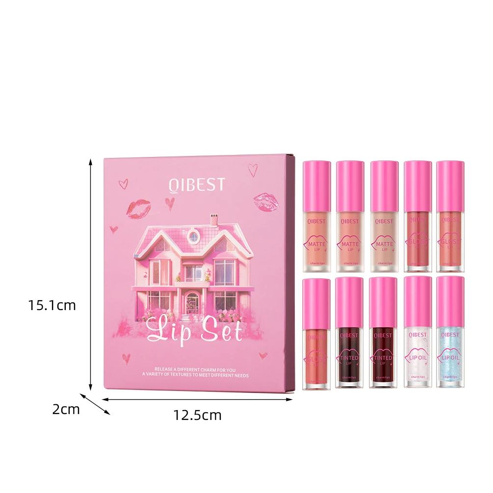 QIBEST-Conjuntos de brilho labial hidratante, óleo transparente, esmalte hidratante, plumper labial, batom líquido fosco, Kits de maquiagem, 10 pcs