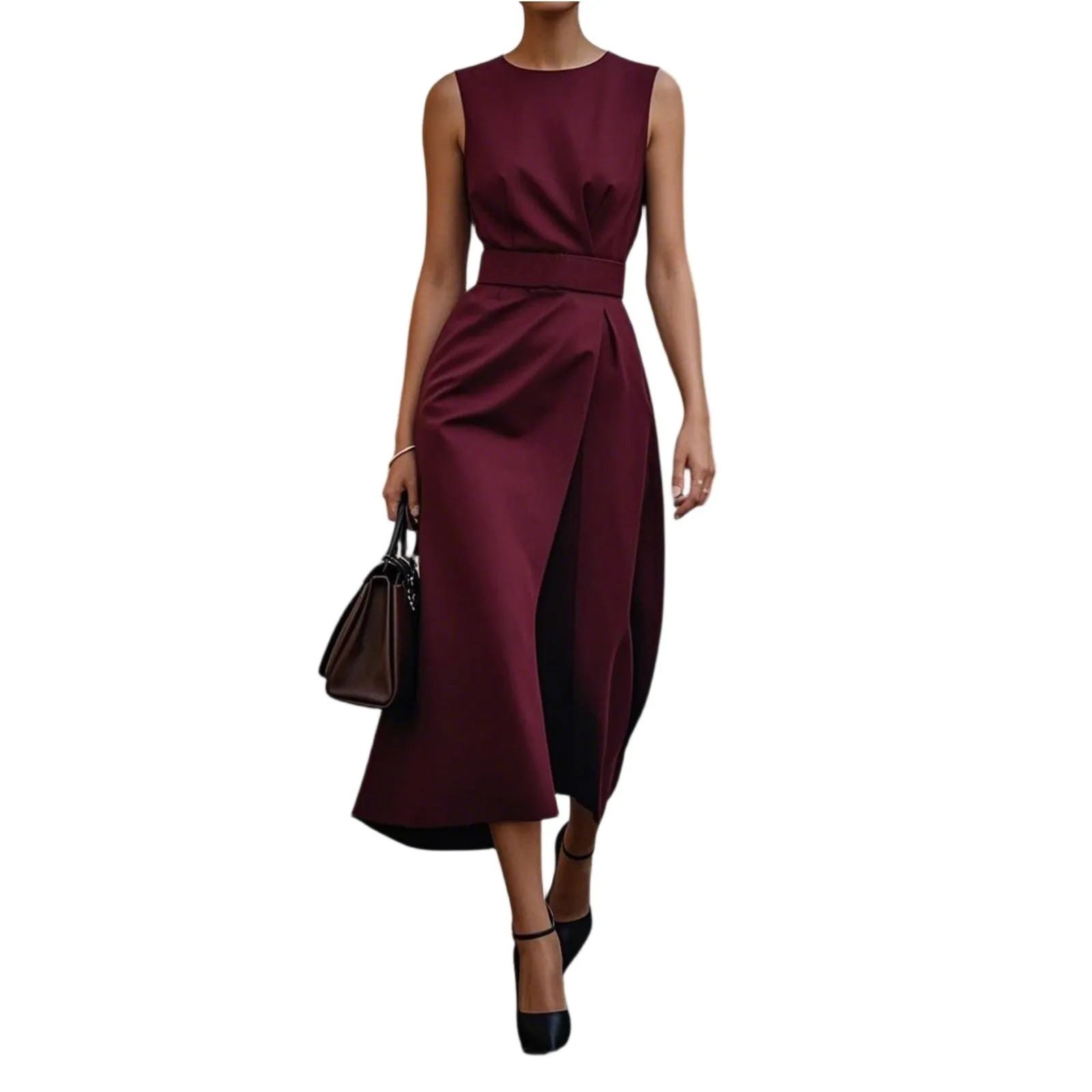 فستان نسائي كاجوال بلون سادة وسحاب بدون أكمام ورقبة دائرية مع حزام فساتين أنيقة للنساء فيستدو فيمينينو #1