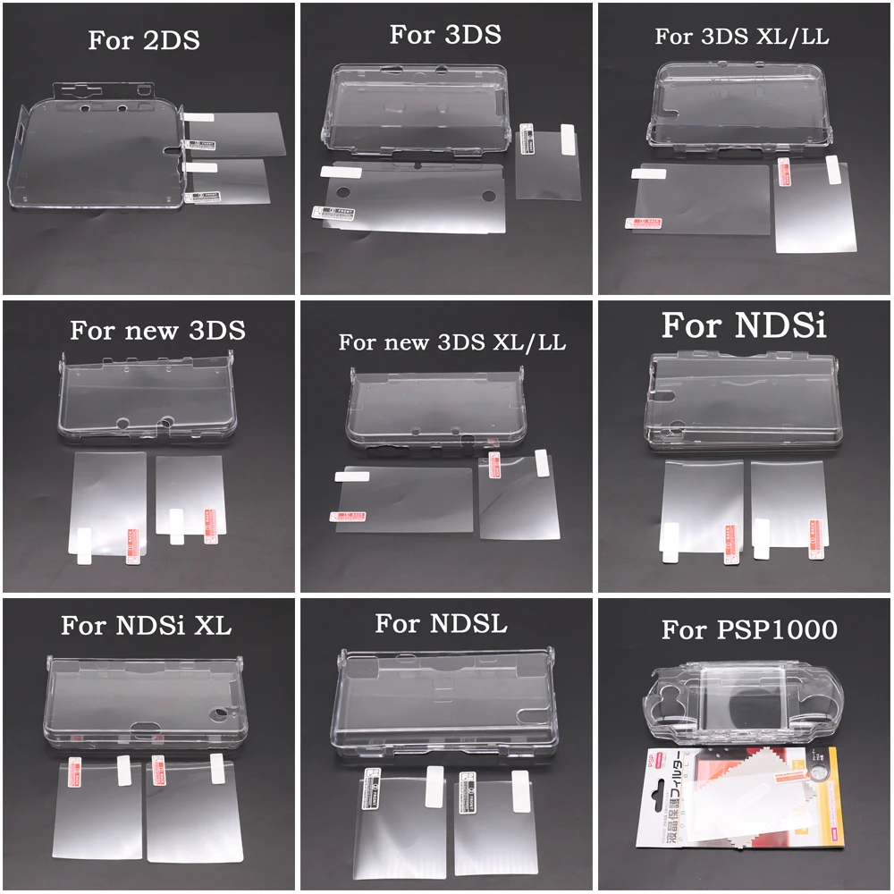 Plastic Clear Crystal Shell Skin Case Cover For New 2DS 3DS XL LL NDSL For DSi NDSi XL LL Screen Protective Film