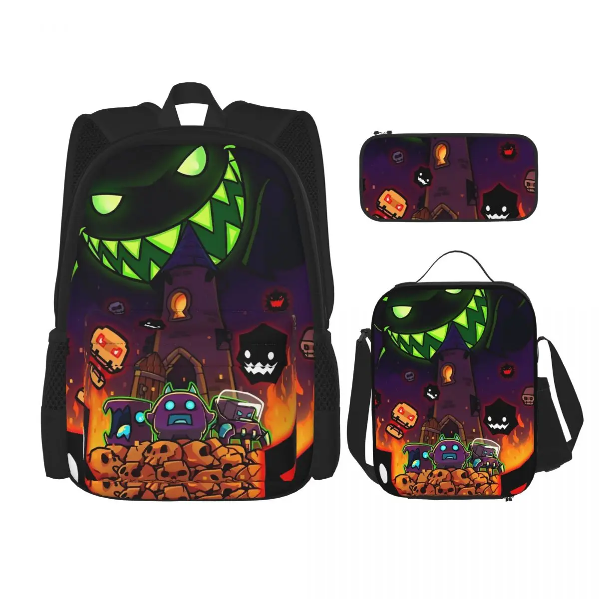 Posters De 3pecs/set Backpack for Teenage Geometry Cube Gaming Dash High School Daypack Lunch bag Pencil Case