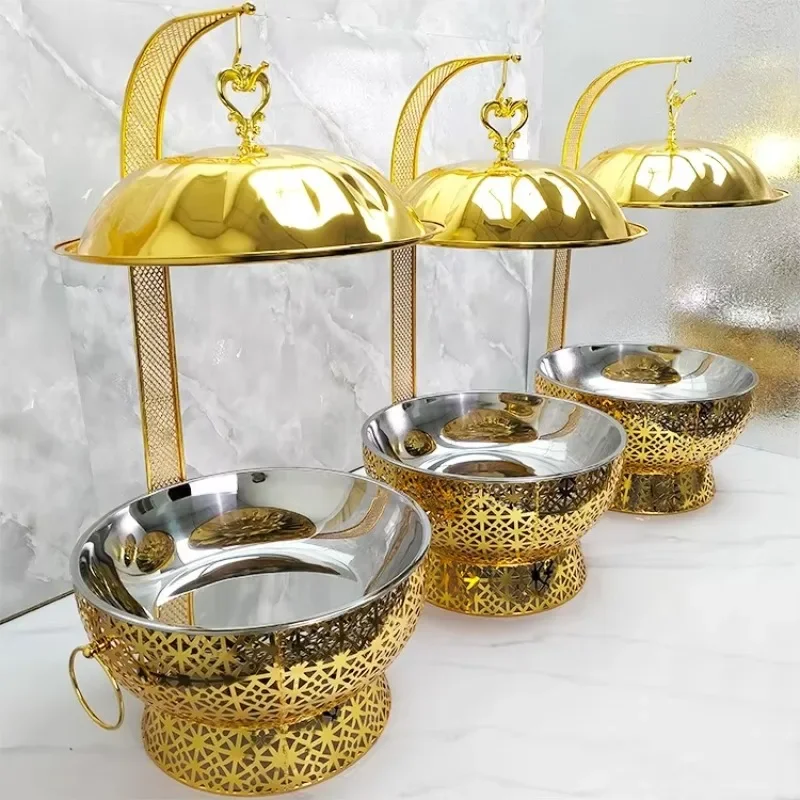 

Hotel wedding 8.0L stainless steel food heater gold buffet alcohol heating round hot pot