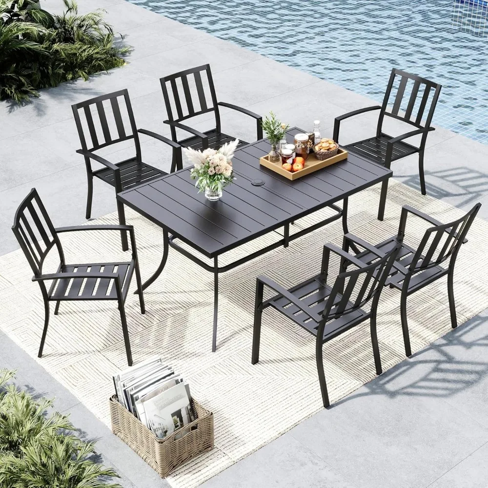 

7-Piece Metal Outdoor Patio Dining Furniture Set with 6 Steel Slat Chairs and 1 Metal Steel Slat Dining Rectangle Table with 1.