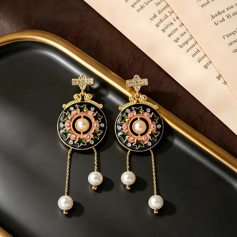 Retro Court Earrings, Black Enamel Orange Red Petal, Vintage Pearl Drop Studs for Women