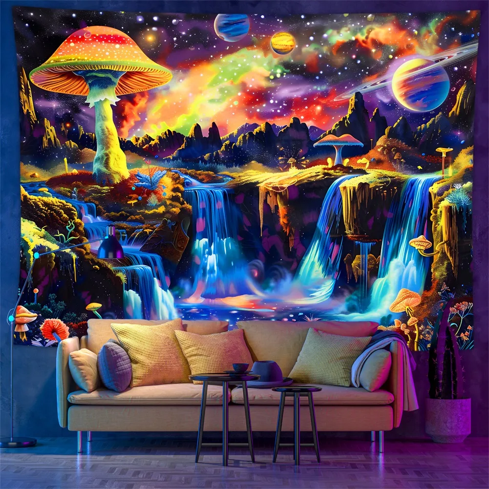 

UV Reactive Mushroom Tapestry 2D Flat Printing Peach Skin Blacklight Fluorescent Psychedelic Waterfall Wall Hanging Dorm Decor