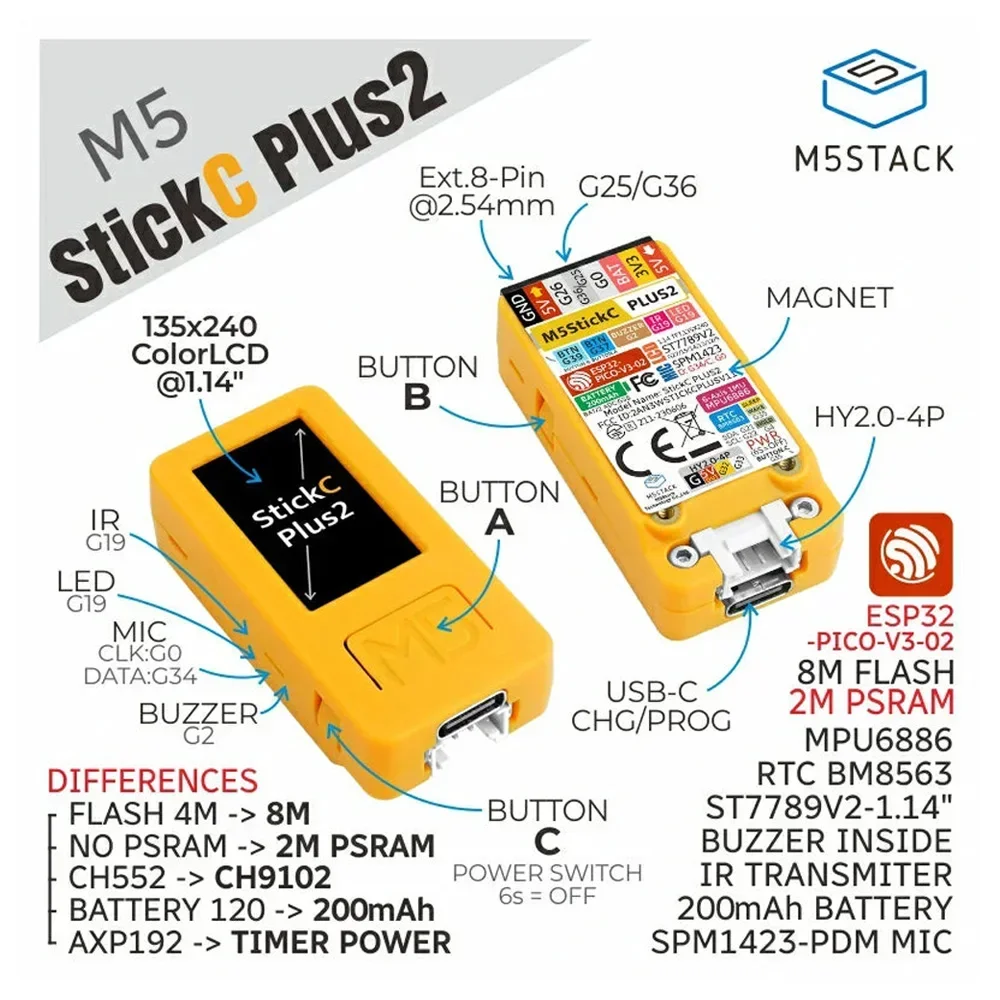 

Original M5StickC PLUS2 ESP32 Mini IoT Development Kit WiFi IR 1.14-inch TFT Screen IoT Controller ESP32-PICO-V3-02 chip