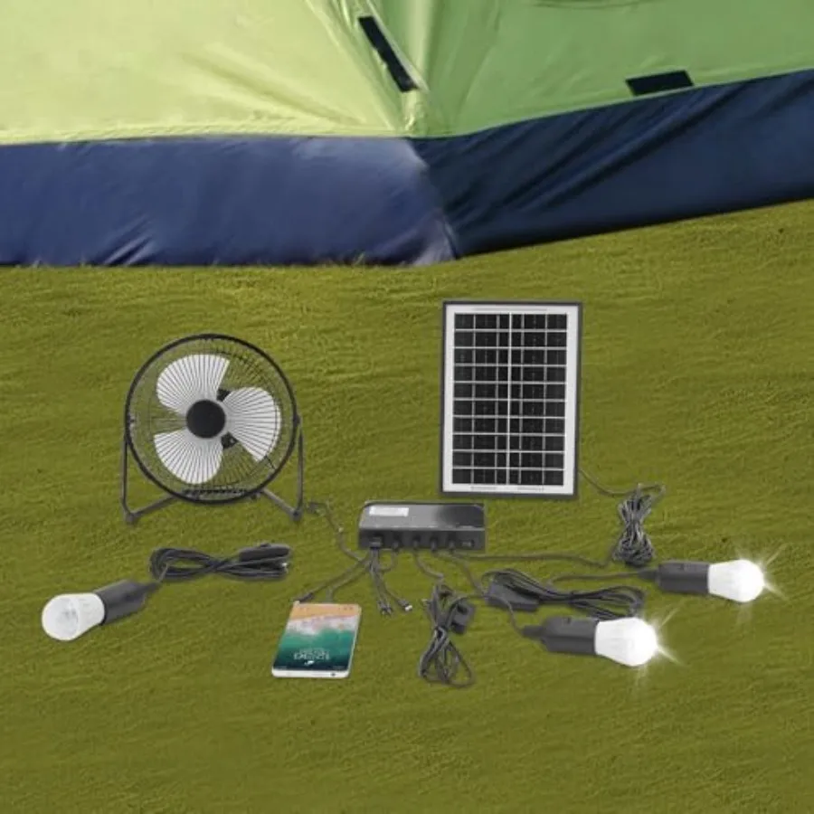 Solar Ceiling Fan Light with Ba-ttery, Portable Solar Powered Fan with 3 Bulbs, DC 12 Volt Outdoor Multi-Purpose Solar Panel Ki