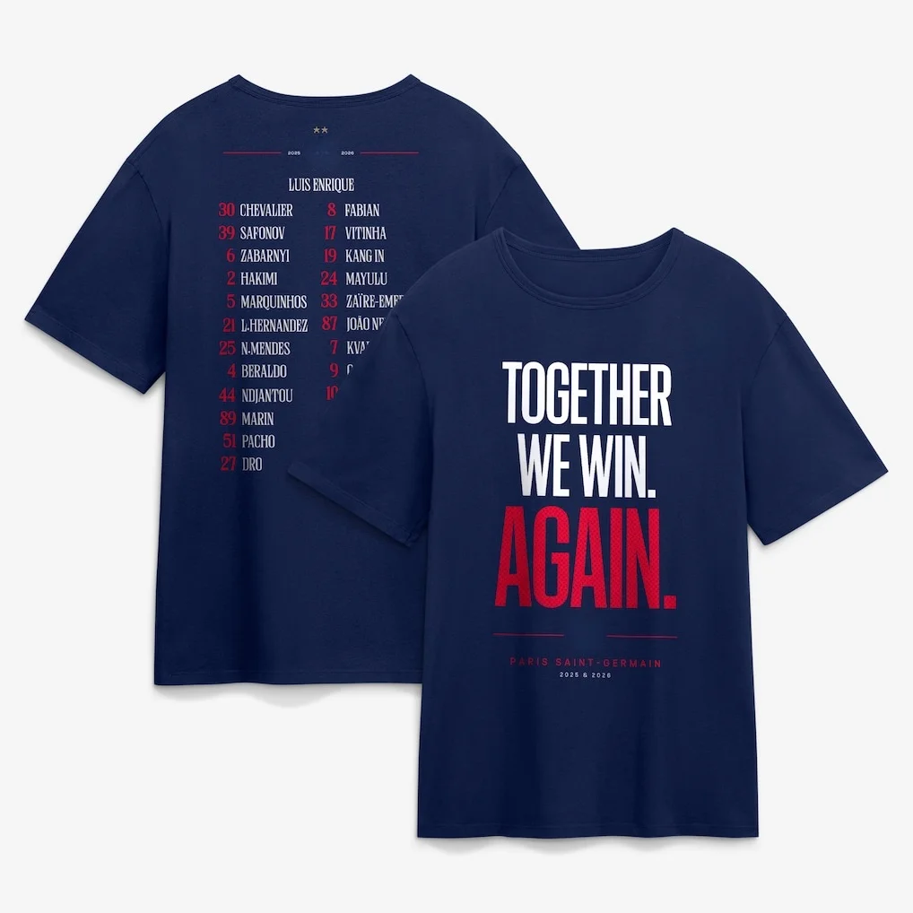 Camiseta de Futebol PSG Champion Lineup 2026 Masculina e Feminina, Roupa de Verão em Algodão, Moda Oversize, Camiseta Unissex de Manga Curta