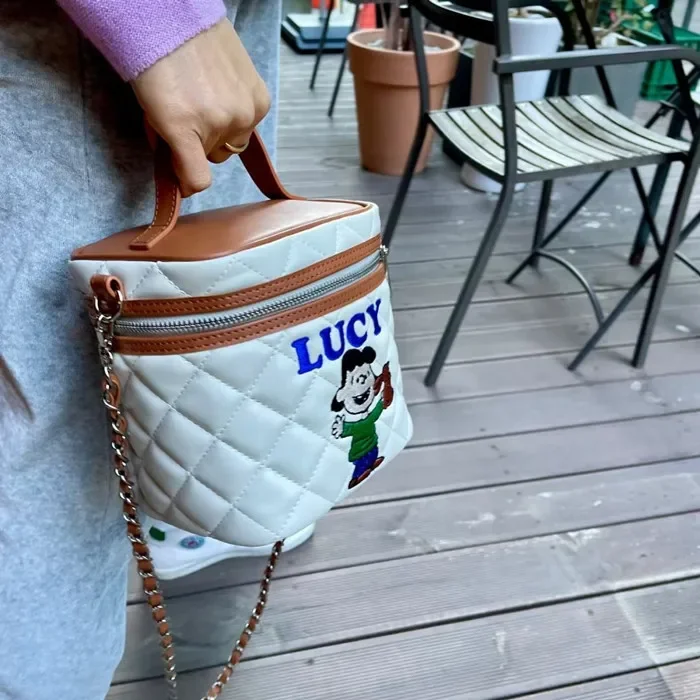 Borsa a tracolla da donna Snoopy con borsa per il trucco di grande capacità ricamata a quadri con diamanti borsa multifunzionale in pelle per