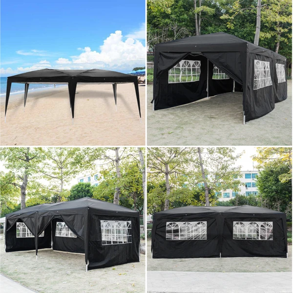 3 x 6m Four Windows Practical Waterproof Folding Tent Black