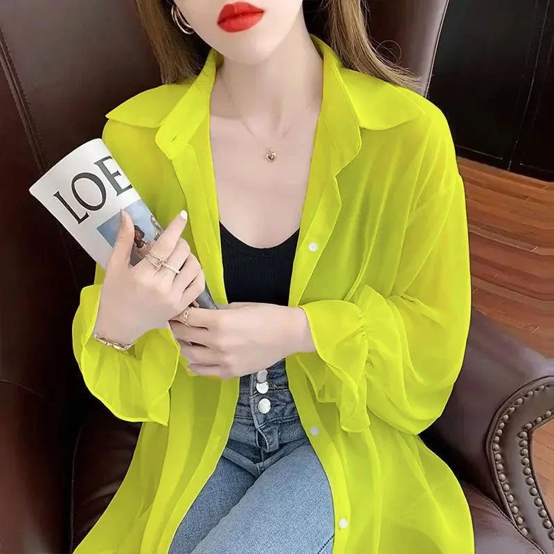 Wiosna Lato Nowa Luźna Długa Bluzka Chroniąca Przed Słońcem Damska Cienka Bluzka Szyfonowa Żółty Rozpinany Kardigan Modna Odzież Wierzchnia