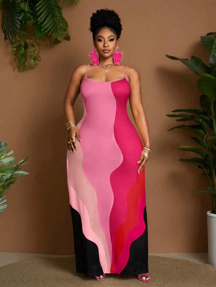 Plus Size Sleeveless Maxi Dress With Abstract Pink Color Block Design view 2