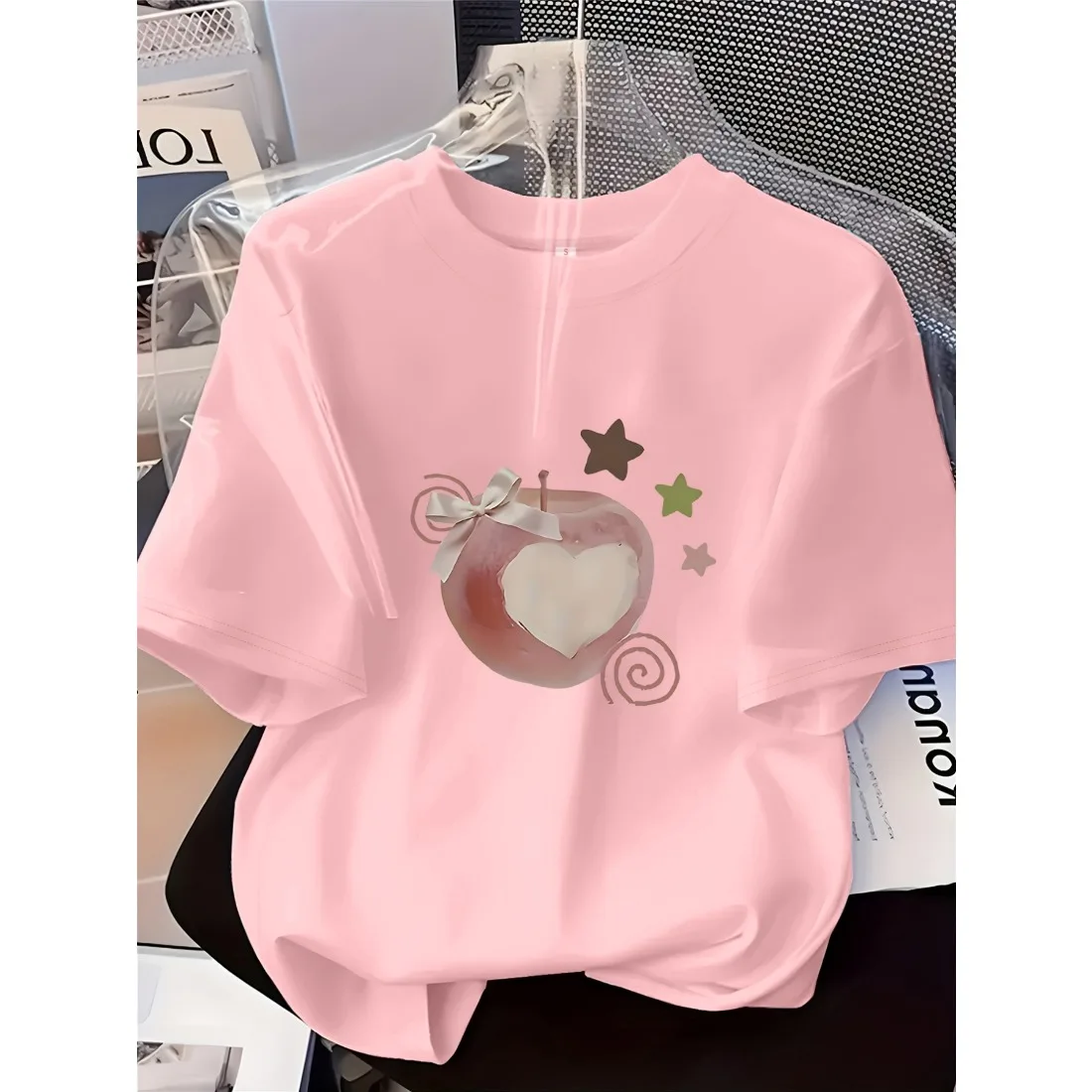 Children's Round Neck T-shirt Fashionable Loose Soft Comfortable Breathable Simple Apple Heart Pattern Sleeve Printed Top