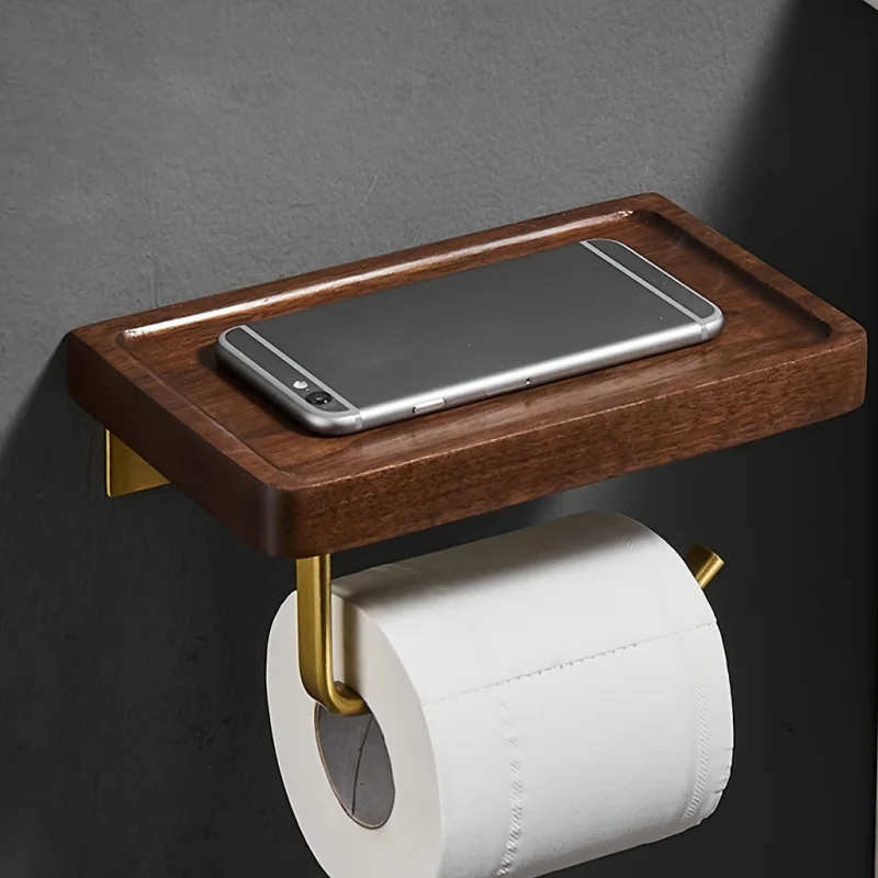 

Solid Wood Toilet Paper Holder, Modern Minimalist Wall-Mounted Roll Dispenser. No-Drill Adhesive Bathroom Tissue Storage, Creati