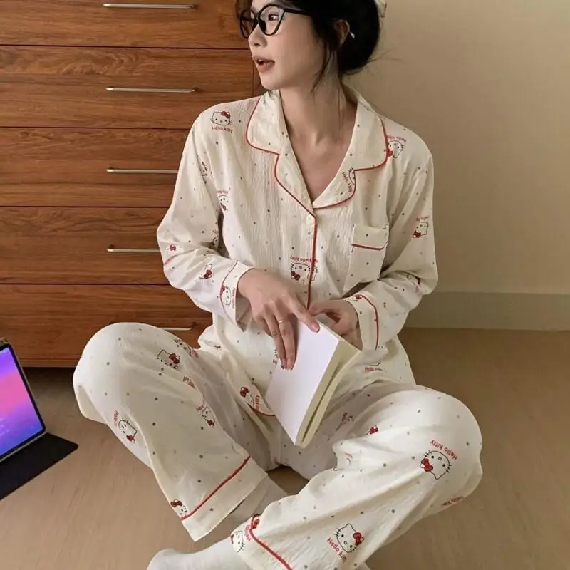 

Sanrio Hello Kitty Long Sleeve Long Pants Pajamas Set Women Homewear Spring Autumn Polka Dots Red Edges Cute Instagram Sleepwear