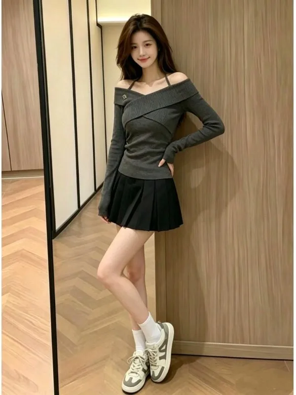 Cross-Shoulder Knitwear Sexy Design Soft Style Long Sleeve Women's Fashion Set with Black  Skirt Two-Piece Suite for Autu...