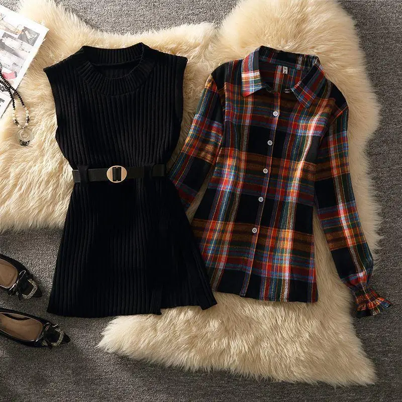 Women\'s Vintage Plaid Shirts Sweater Vest with Waistbelt Set Lady Autumn Winter Lucky Red Knit Tank Tops Blouse Outfits Knitwear
