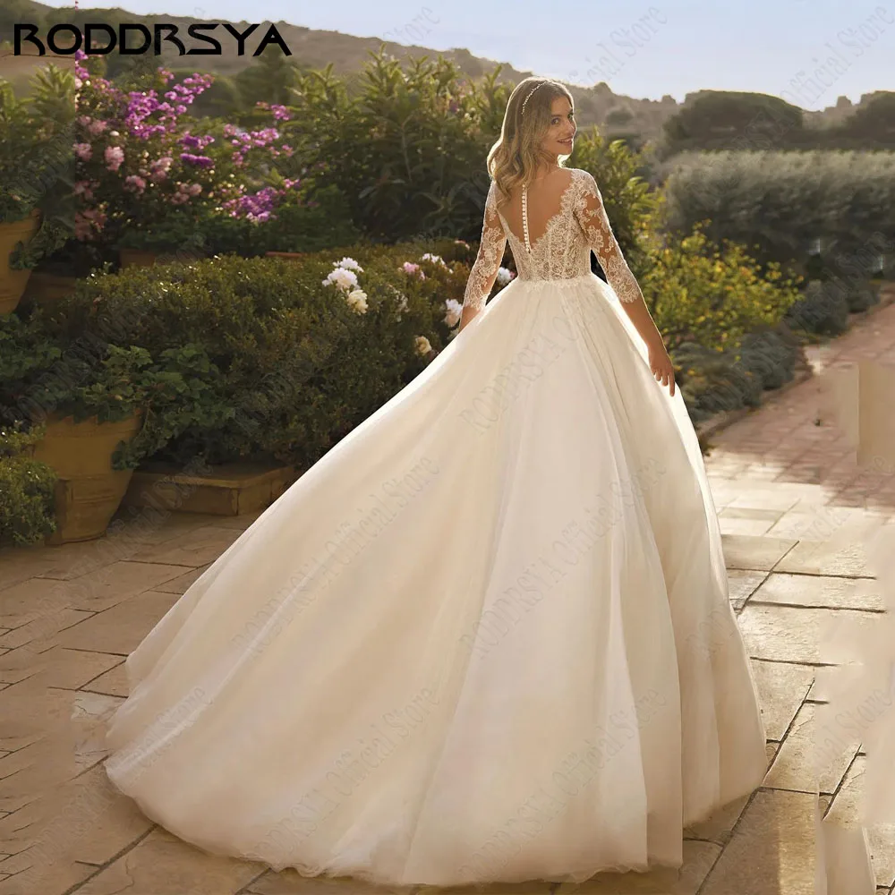 Vestido de novia de encaje romano femenino roddrsya 3 / 4 mangas vestido de novia de ensueño con calcoRODDRSYA-Vestidos De Novia De encaje romático para mujer, mangas 3/4, ilusión trasera, apliques De línea a, tul 2024