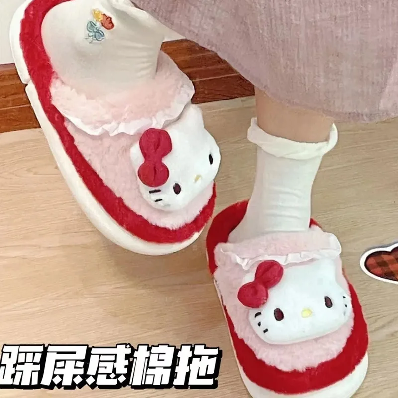 Sanrio Kuromis Melodys Cinnamorolls Thick Cotton Slippers Female Indoor Home Cute Winter Warm Thick Cartoon Fluffy Slippers