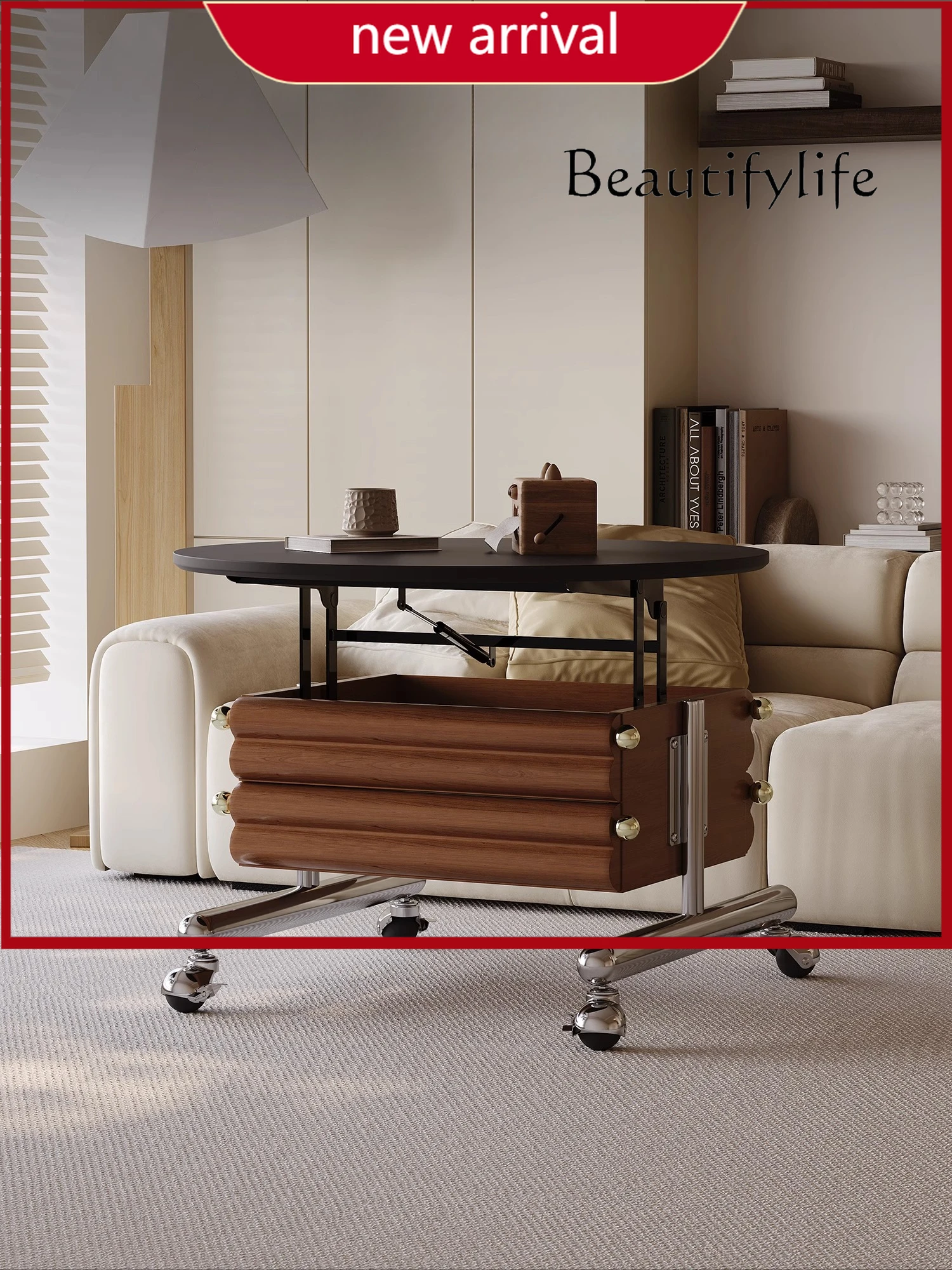 

Передвижной подъемный журнальный столик в средневековом стиле, круглый дизайнерский вишневый шпон, тележка для домашнего хранения в гостиной